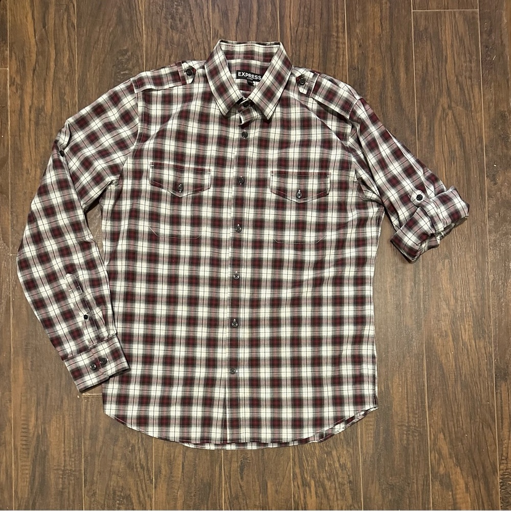 Express Fitted Snap Button Checks Plaid Long Sleeve Shirt Men's Large 16-16 1/2